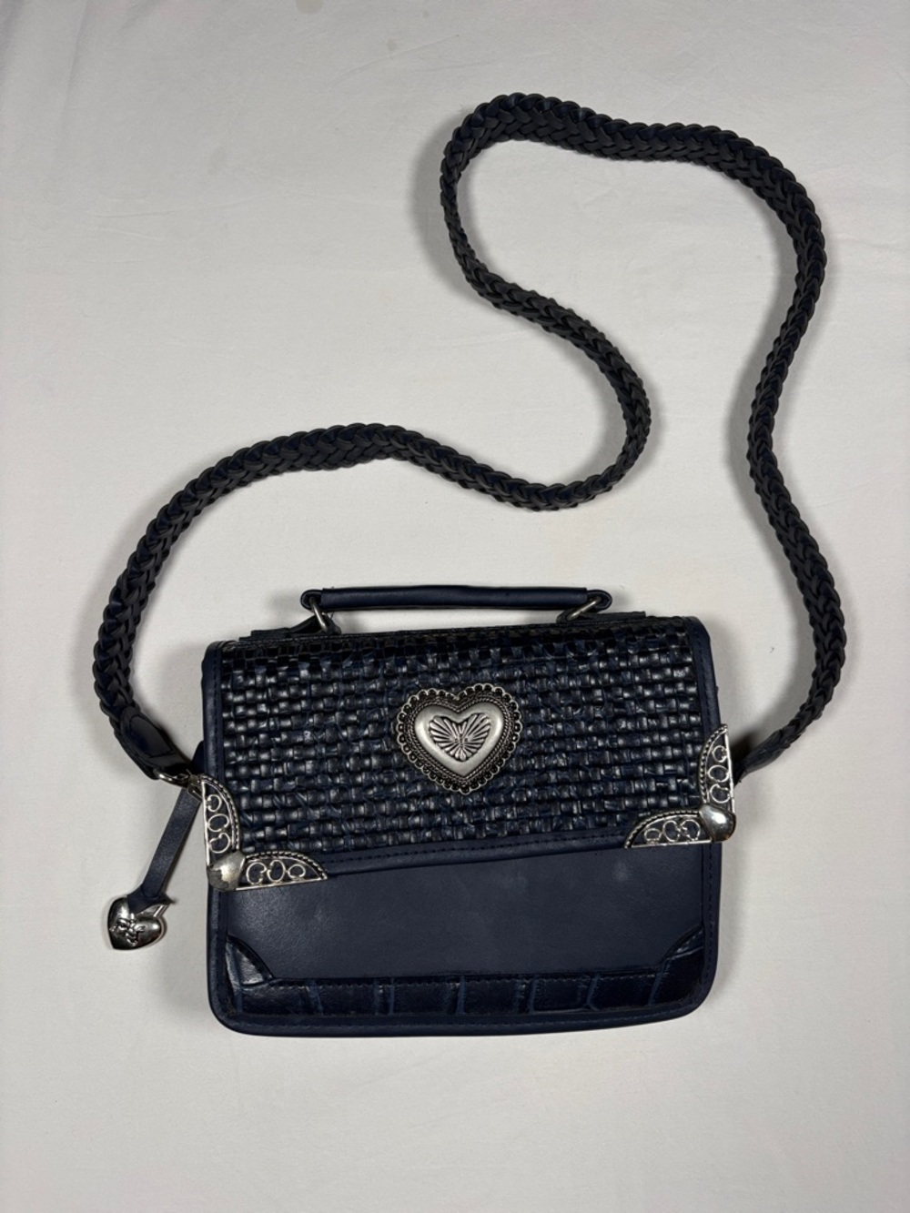 Brighton Navy Woven Crossbody with Silver Heart